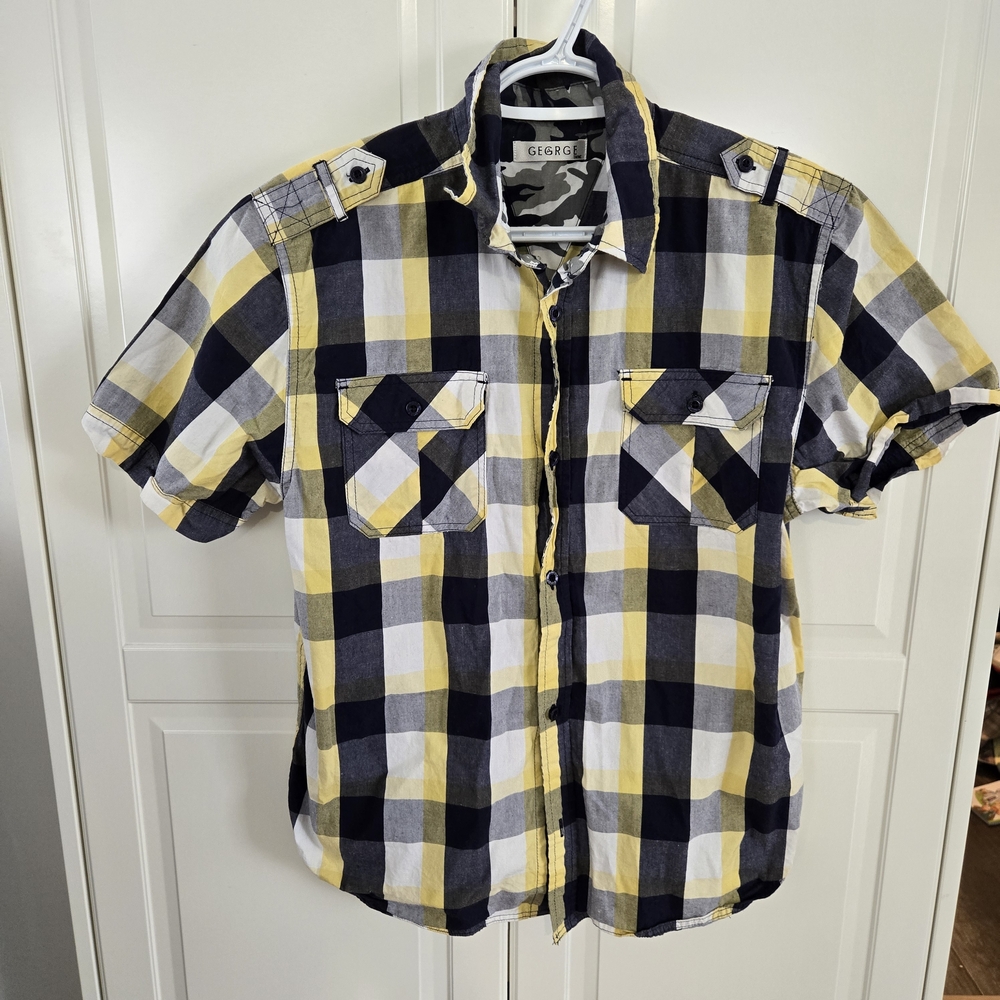 George Men's Casual Yellow and Black Checkered Shirt